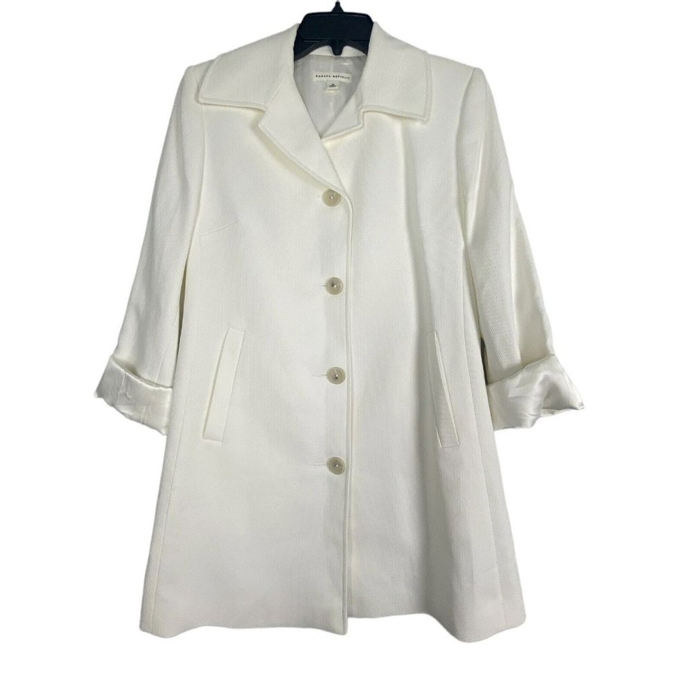 Banana Republic Doublelure Coat Ivory Off White Medium Vtg 03 Satin‎ Cuff Cotton